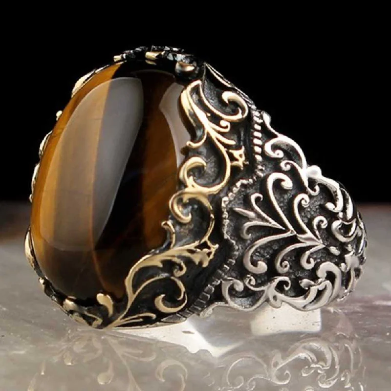 Most Popular Natural Tigers Eye Stone 925 Sterling Silver Great Mens Ring