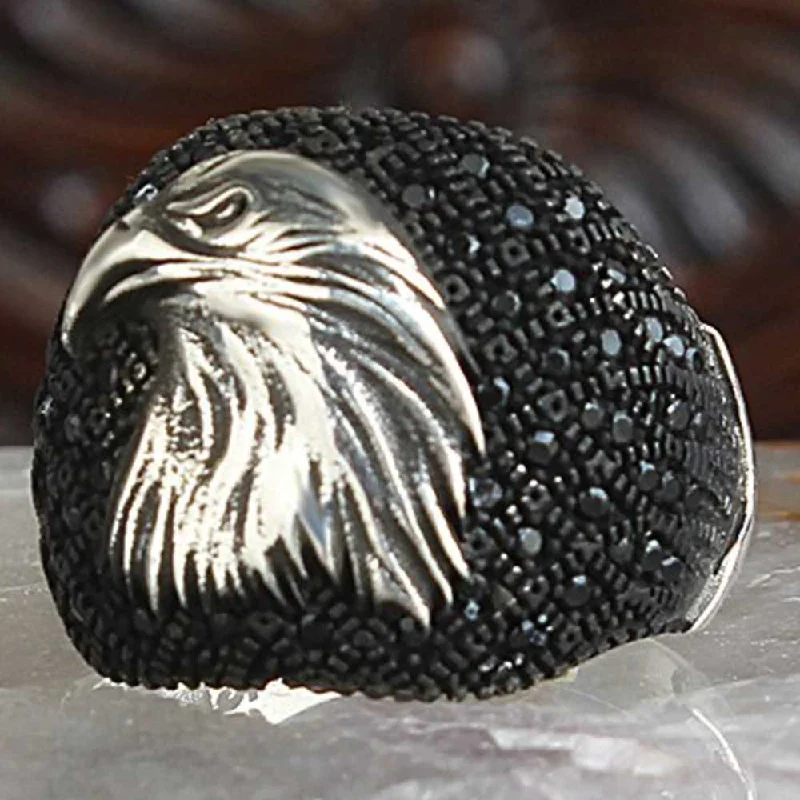 Multi Black Onyx Stone Eagle Style 925 Sterling Silver Mens Ring