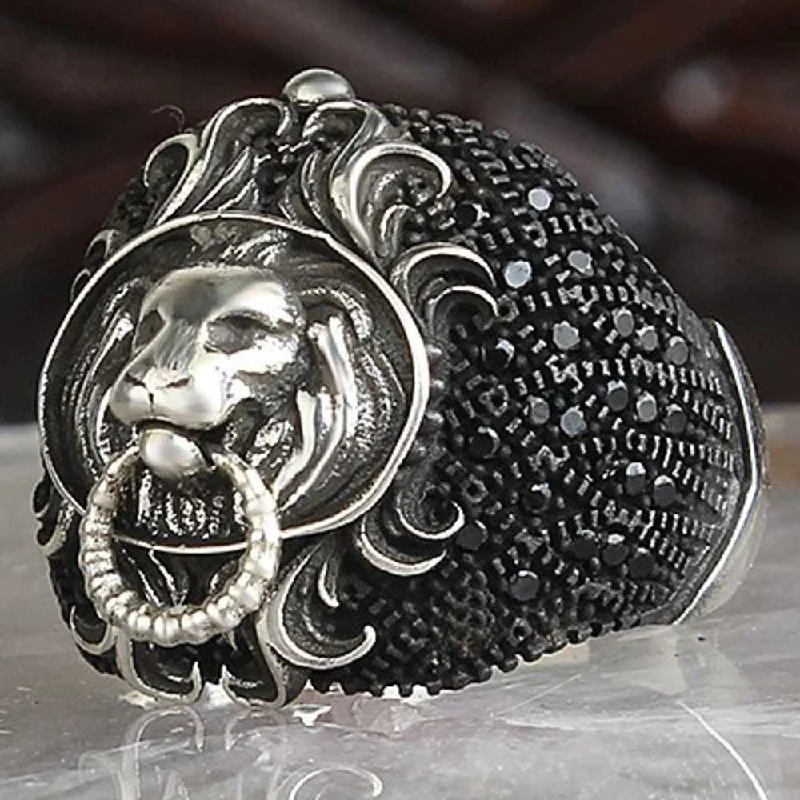 Multi Black Onyx Stone Lion Style 925 Sterling Silver Mens Ring