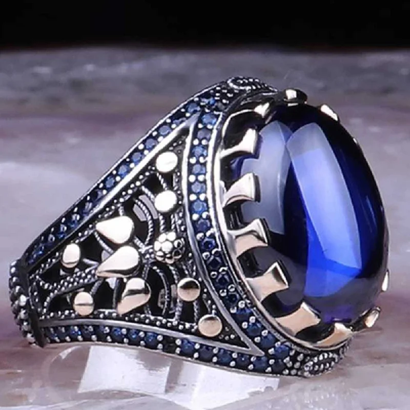 Multi Small Sapphire Stones Heavy 925 Sterling Silver Mens Ring