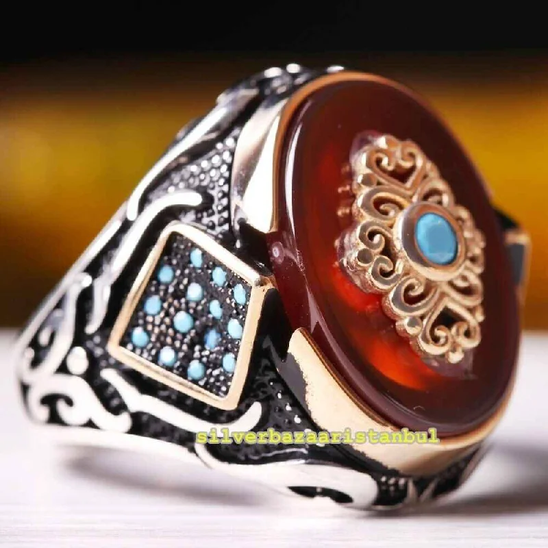 Natural Agate and Turquoise Stone 925 Sterling Silver Mens Ring