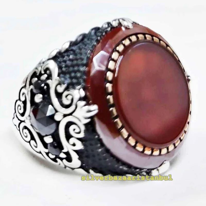 Natural Agate Handmade 925 Sterling Silver Mens Ring