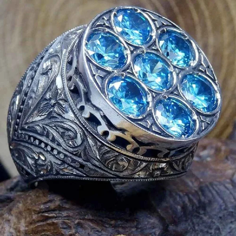 Natural Aquamarine Hand Engraved 925 Sterling Silver Mens Ring