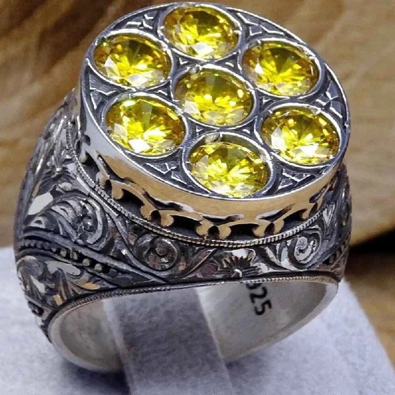 Natural Citrine Stone 925 Sterling Silver Hand Engraved Mens Ring