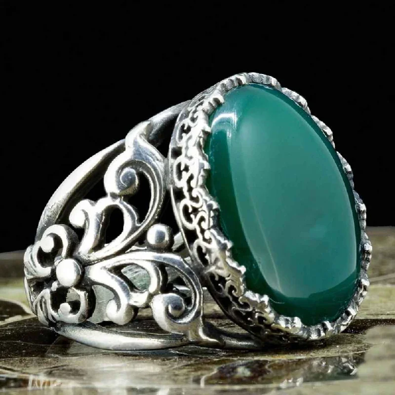 Natural Green Agate 925 Sterling Silver Vintage Mens Ring