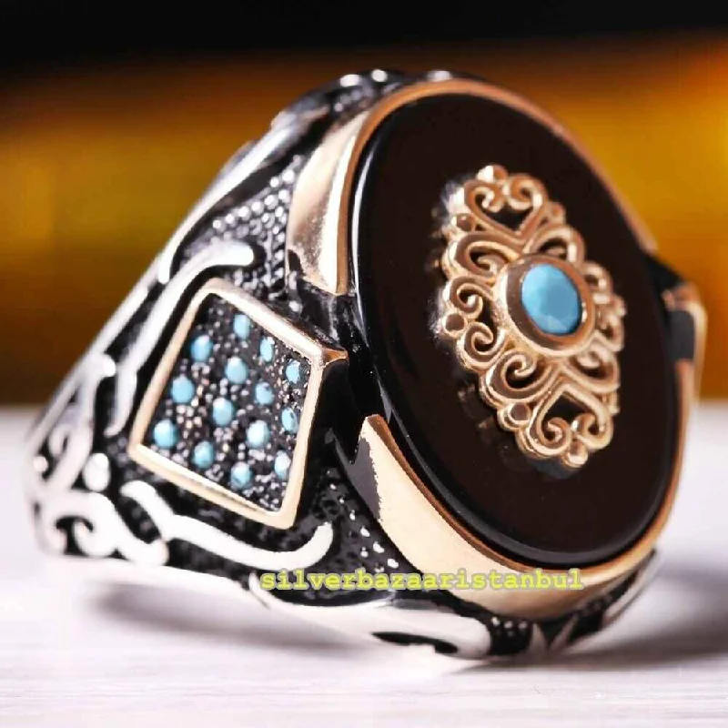 Natural Onyx and Turquoise Multi Stone 925 Sterling Silver Mens Ring