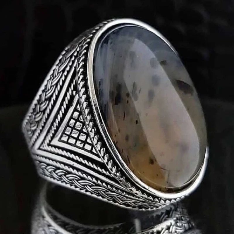 Natural Oval Yemeni Agate Stone 925 Sterling Silver Mens Ring