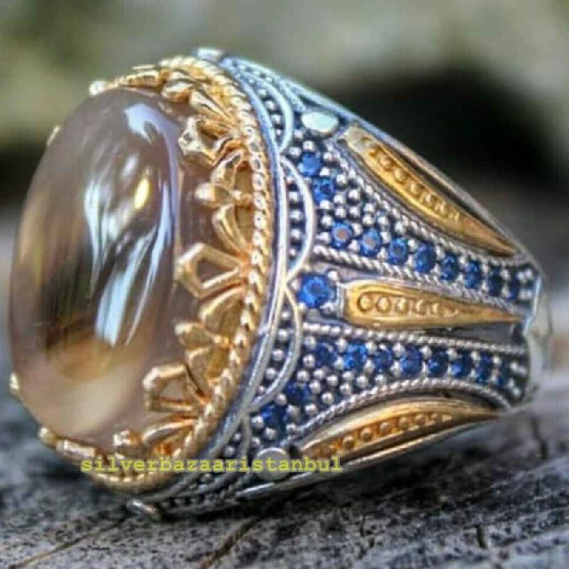 Natural Yemeni Agate Bright Stone 925 Sterling Silver Mens Ring