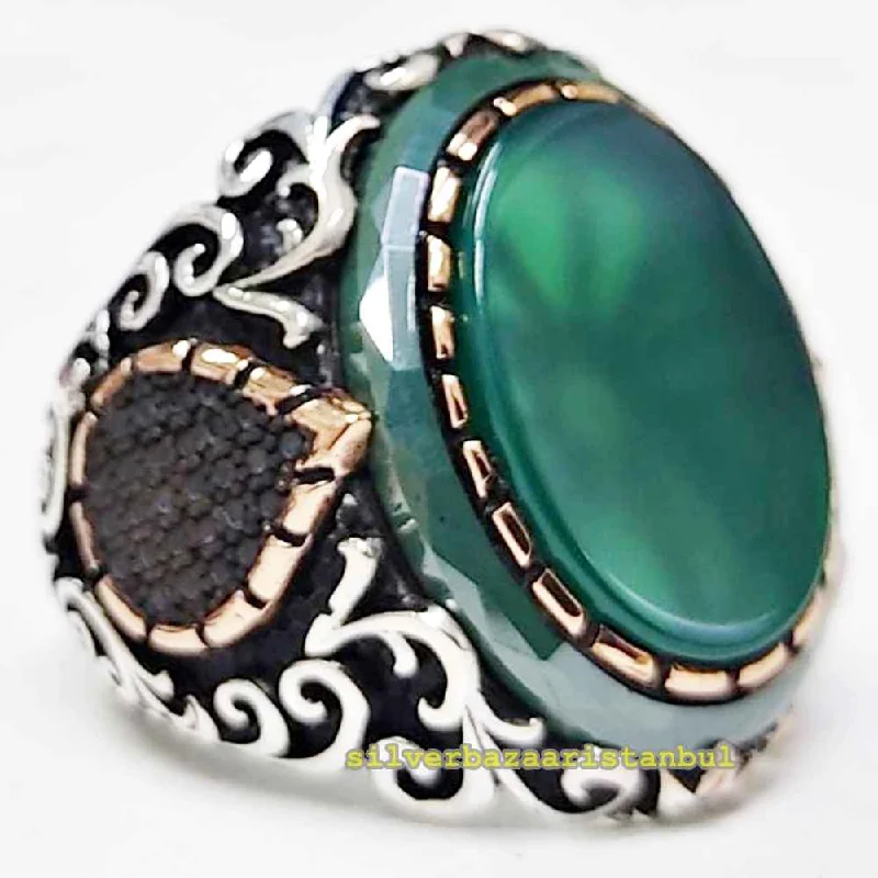 Noble Green Emerald Stone 925 Sterling Silver Luxury Mens Ring