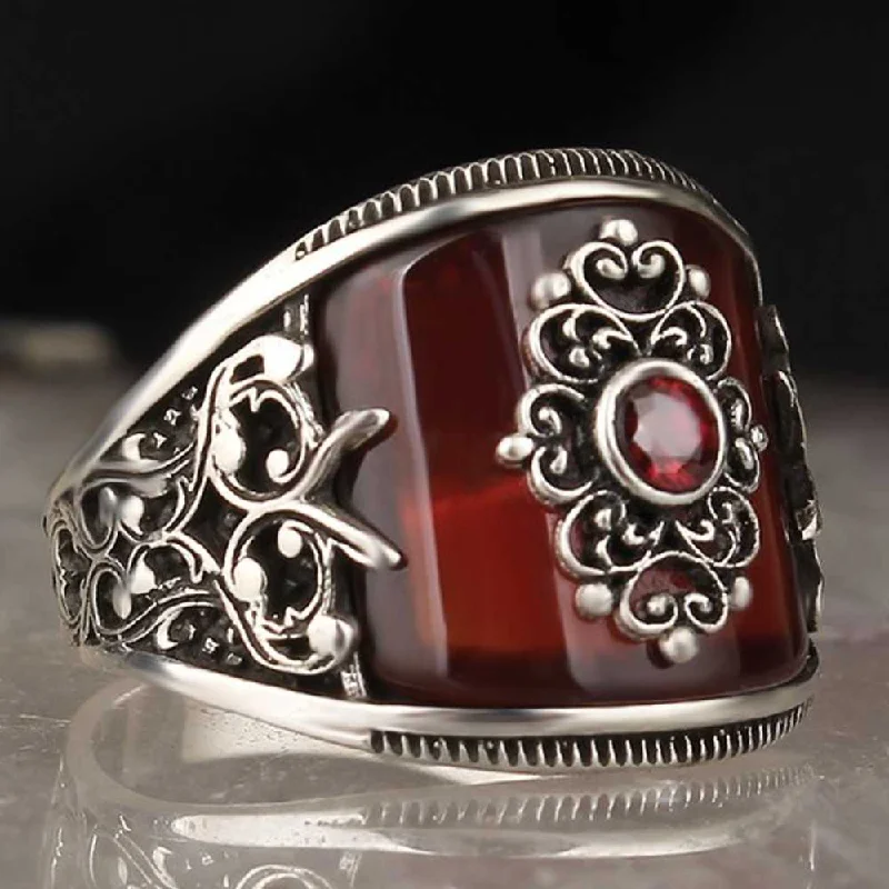 Noble Red Agate Best 925 Sterling Silver Handmade Mens Ring