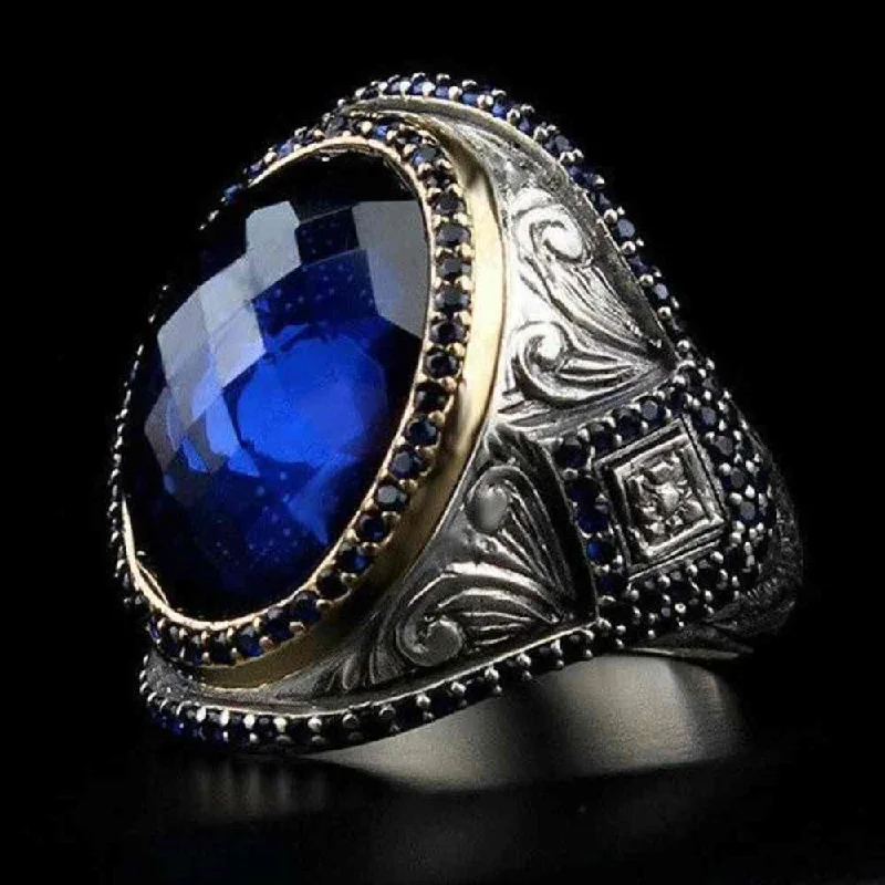 Onyx and Sapphire 925 Sterling Silver Handmade Mens Ring