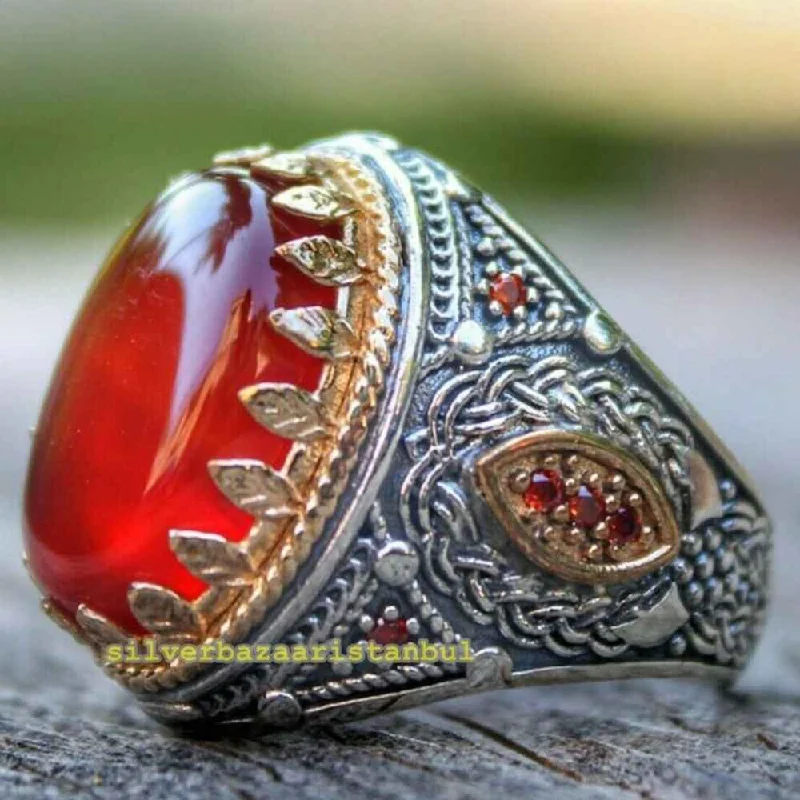 Original Carnelian Agate Aqeeq 925 Sterling Silver Mens Ring