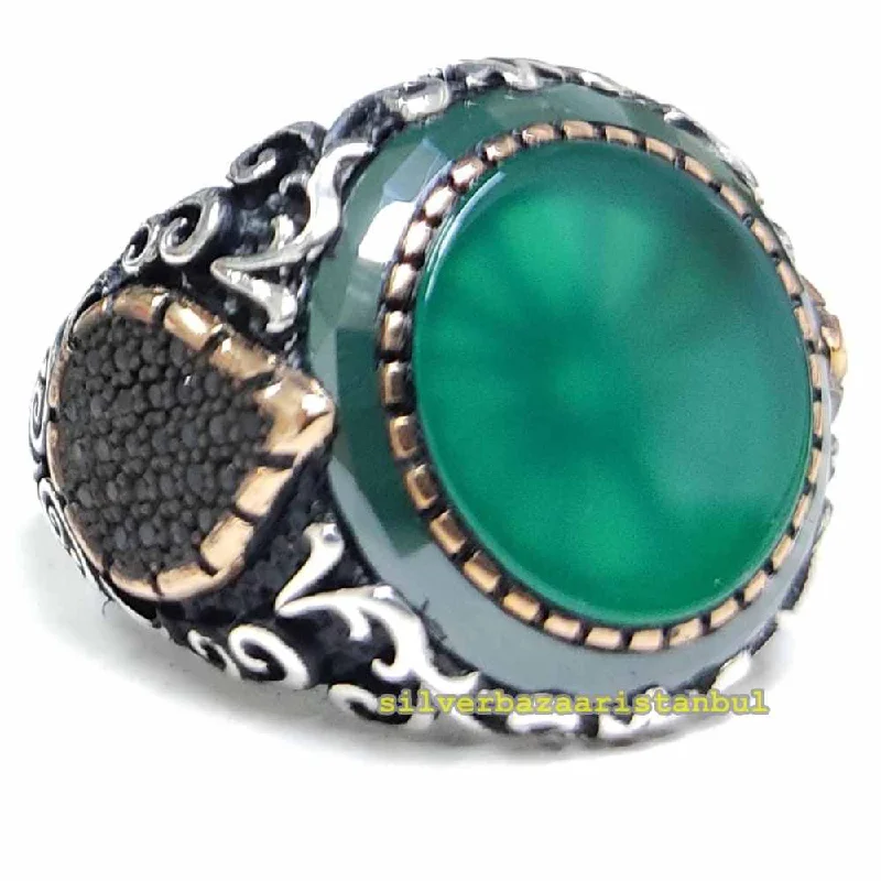 Original Oval Green Agate Luxury 925 Sterling Silver Mens Ring