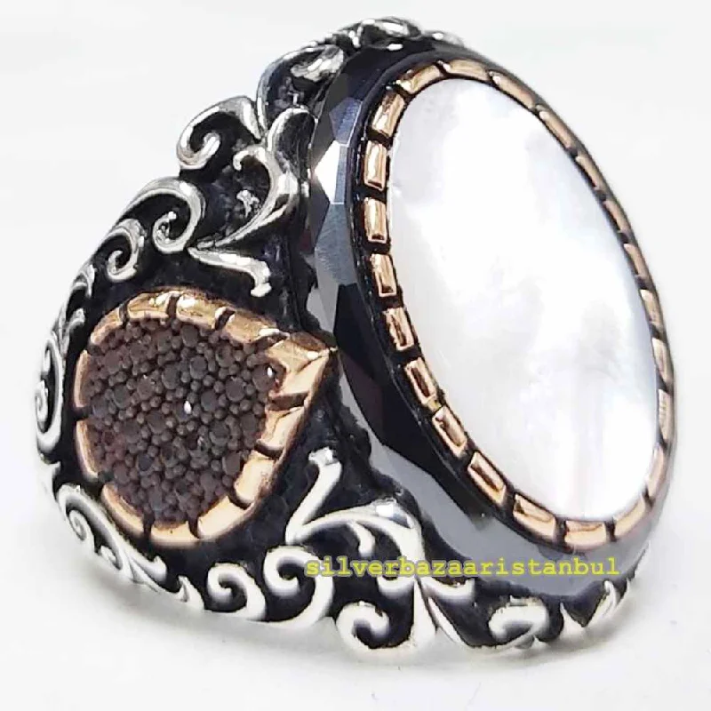 Original White Pearl Stone Elegant 925 Sterling Silver Mens Ring