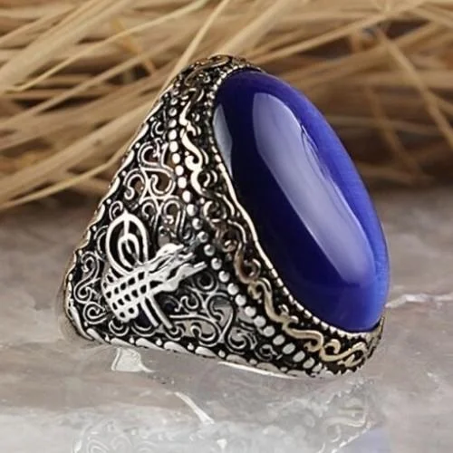 Ottoman 925 Sterling Silver Blue Sapphire Stone Mens Ring