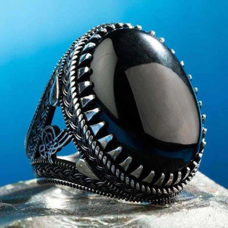 Ottoman 925 Sterling Silver Deep Onyx Stone Mens Ring