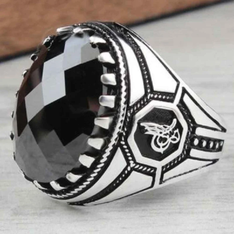 Ottoman 925 Sterling Silver Heavy Onyx Stone Mens Ring