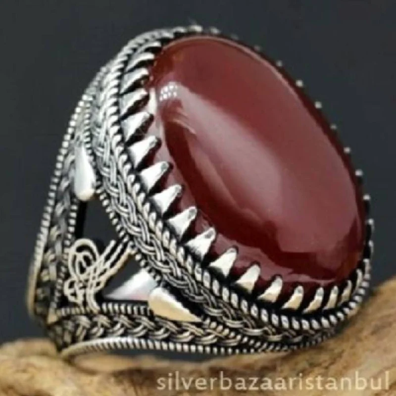 Ottoman Natural Red Agate 925 Sterling Silver Mens Ring