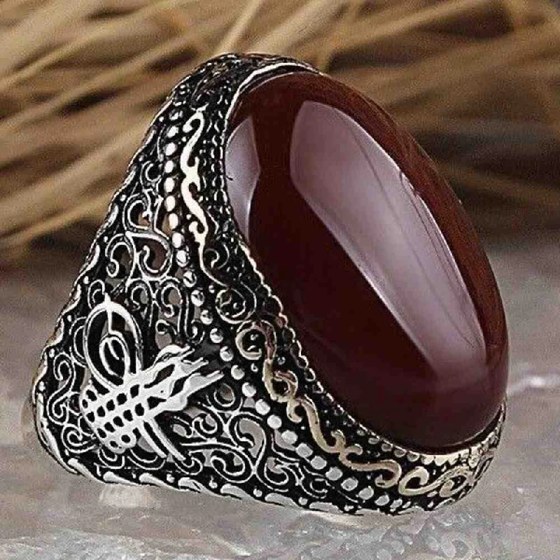 Ottoman Tughra 925 Sterling Silver Agate Aqeeq Mens Ring