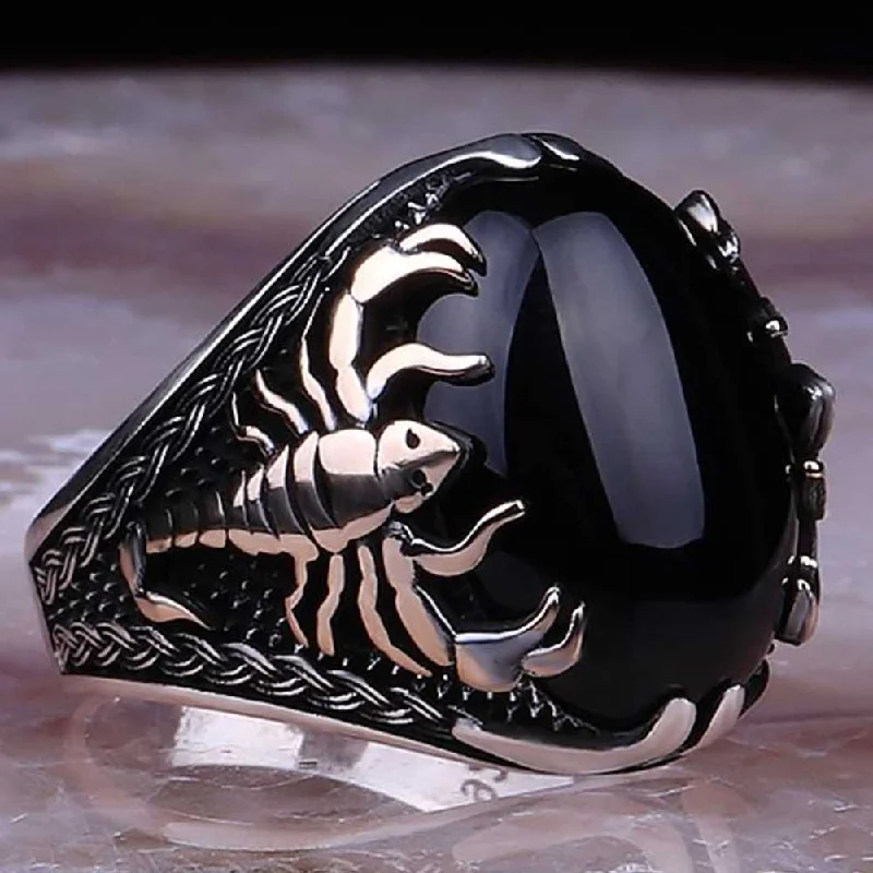 Oval Onyx Stone Scorpion Style 925 Sterling Silver Mens Ring