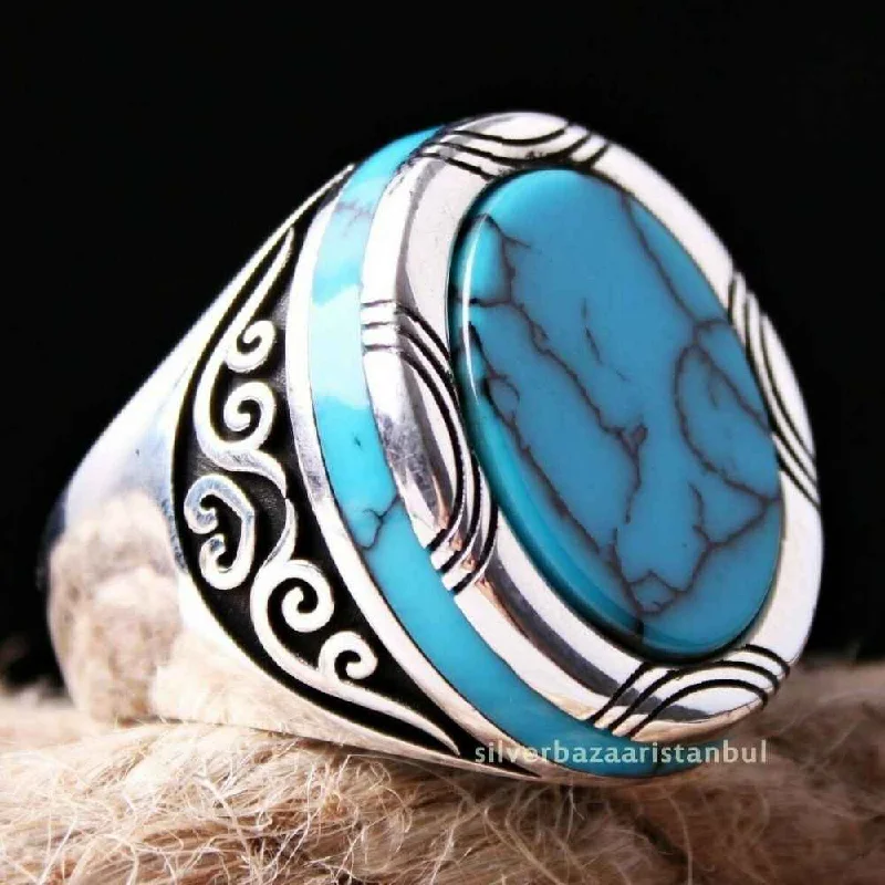 Oval Turquoise Stone Jewelry 925 Sterling Silver Mens Ring