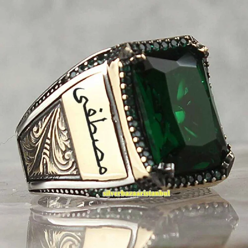 Personal Name Emerald Stone 925 Sterling Silver Mens Ring