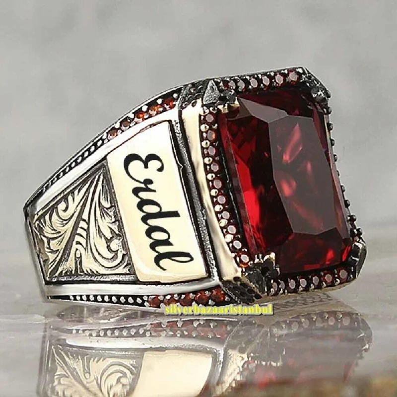 Personal Name Ruby Stone Handmade 925 Sterling Silver Mens Ring