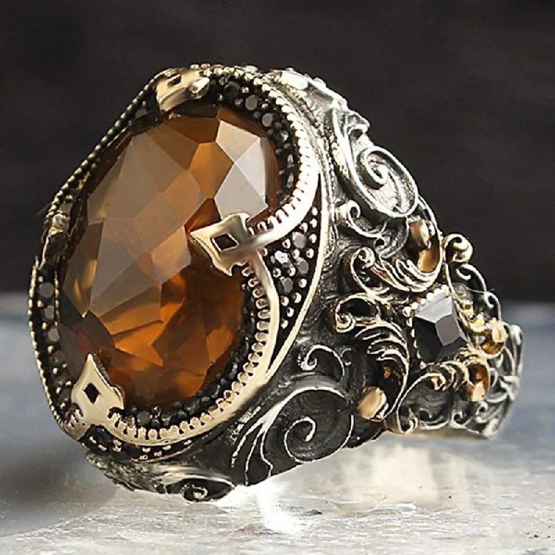 Raid Citrine and Onyx 925 Sterling Silver Handmade Mens Ring