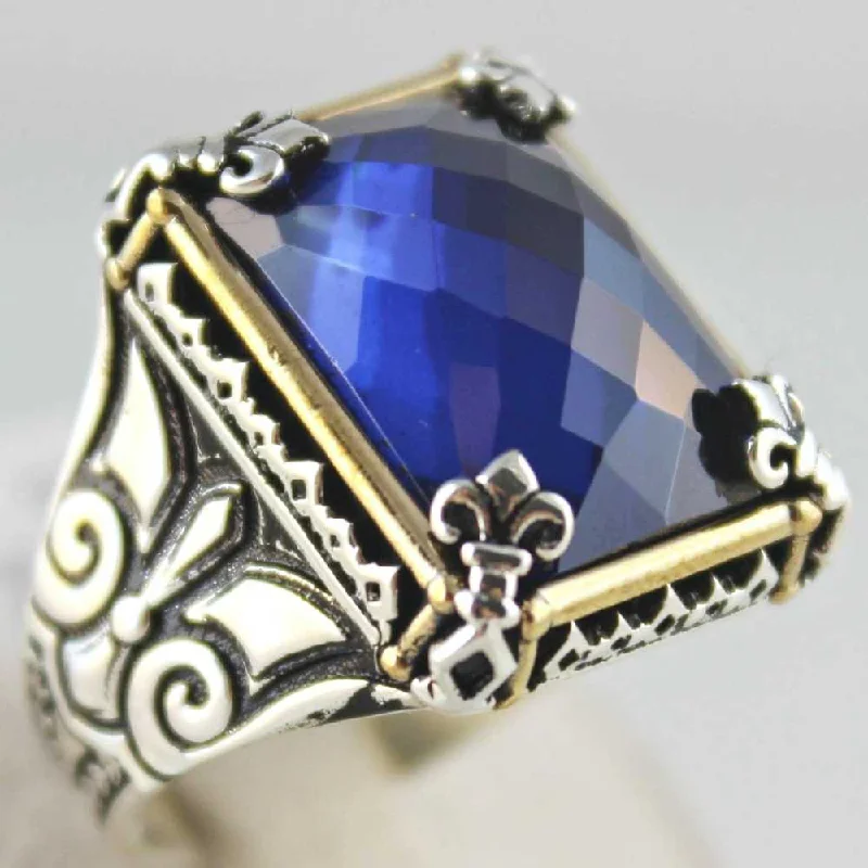 Raid Faceted Sapphire Stone Luxury 925 Sterling Silver Mens Ring