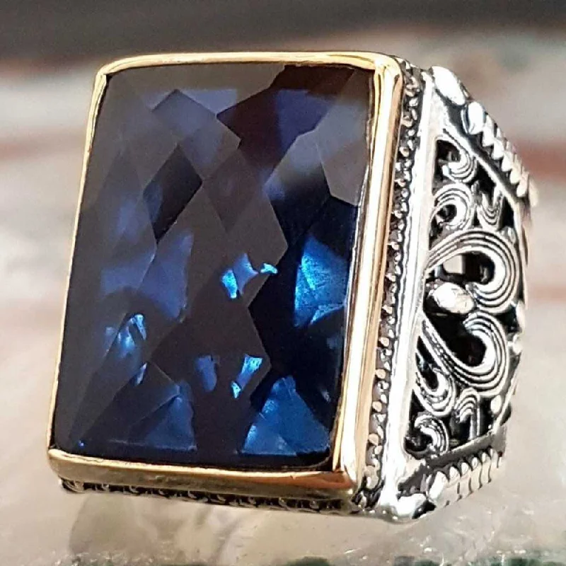 Rectangular Solid 925 Sterling Silver Sapphire Stone Heavy Mens Ring