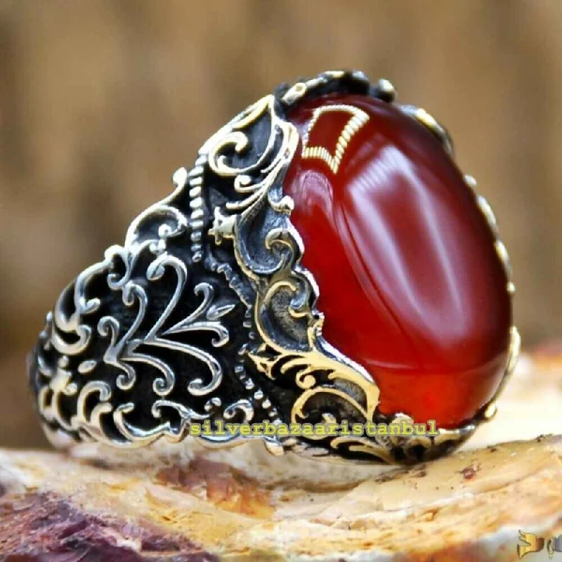 Red Carnelian Agate 925 Sterling Silver Handmade Mens Ring