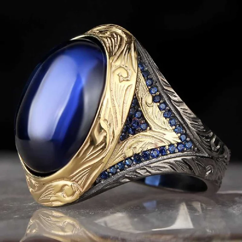 Rhodium Sapphire Stone Luxury 925 Sterling Silver Mens Ring