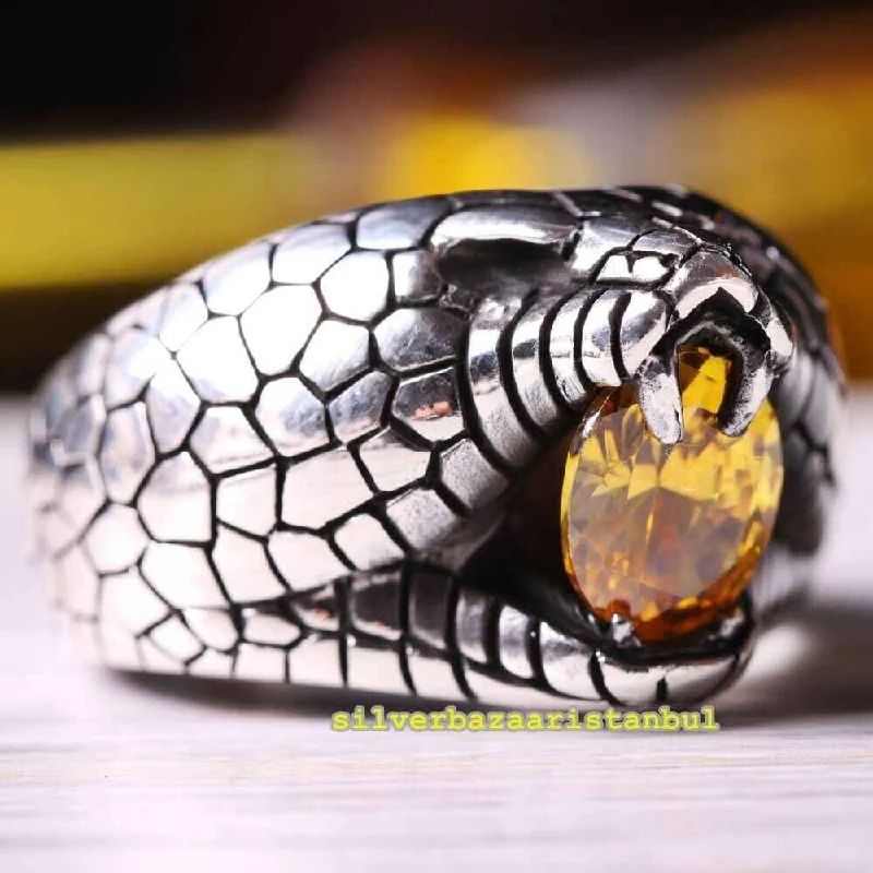 Roaring Lion Handmade Citrine Stone 925 Sterling Silver Mens Ring