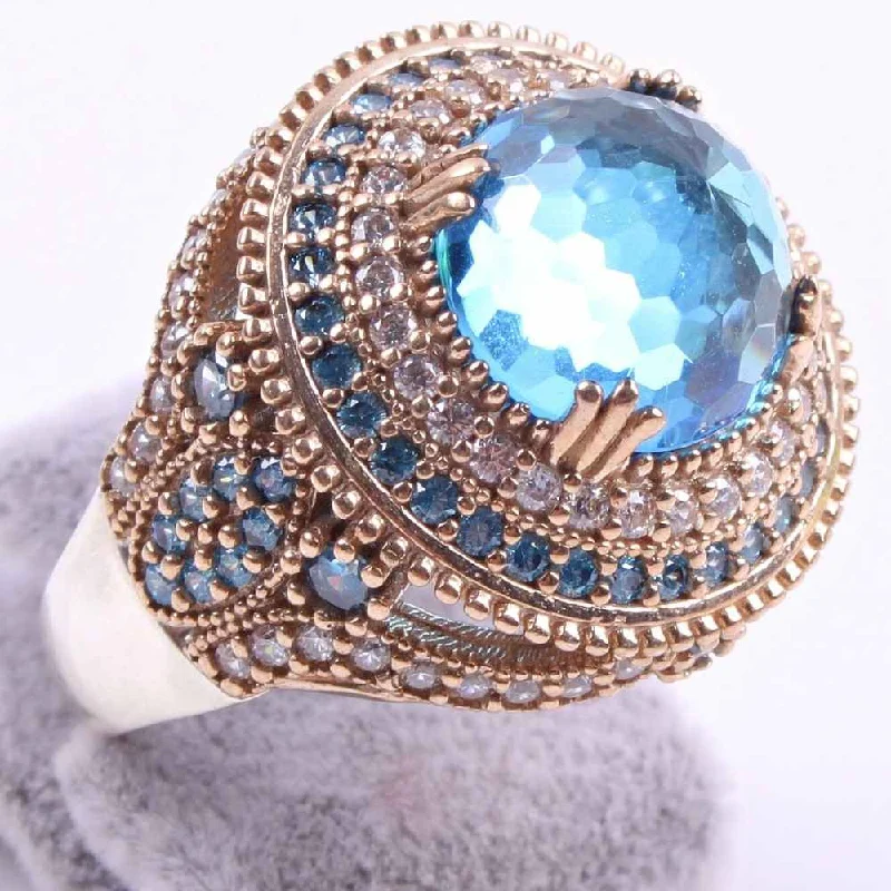 Round Aquamarine Stone 925 Sterling Silver Women Lady Ring