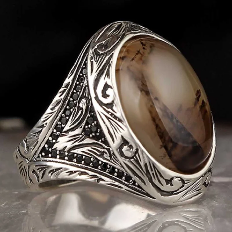 Royal 925 Sterling Silver Natural Yemeni Agate Stone Mens Ring