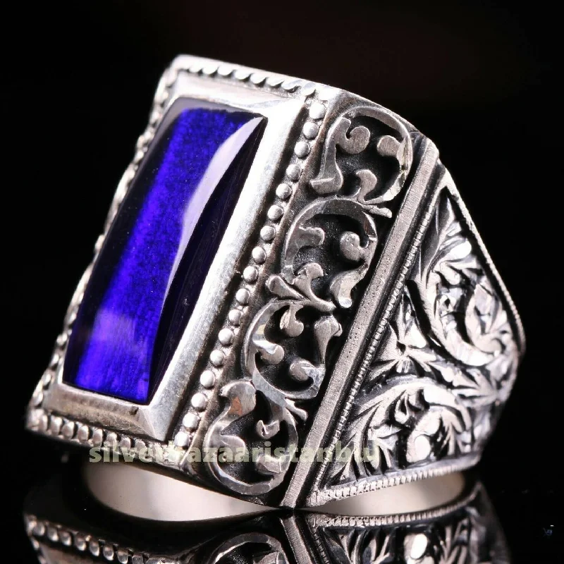 Sapphire Hand Engraved 925 Sterling Silver Pencil Work Mens Ring