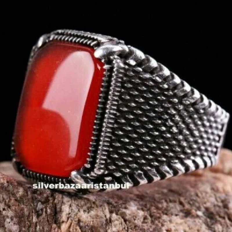 Shiny Red Agate Luxury 925 Sterling Silver Mens Ring