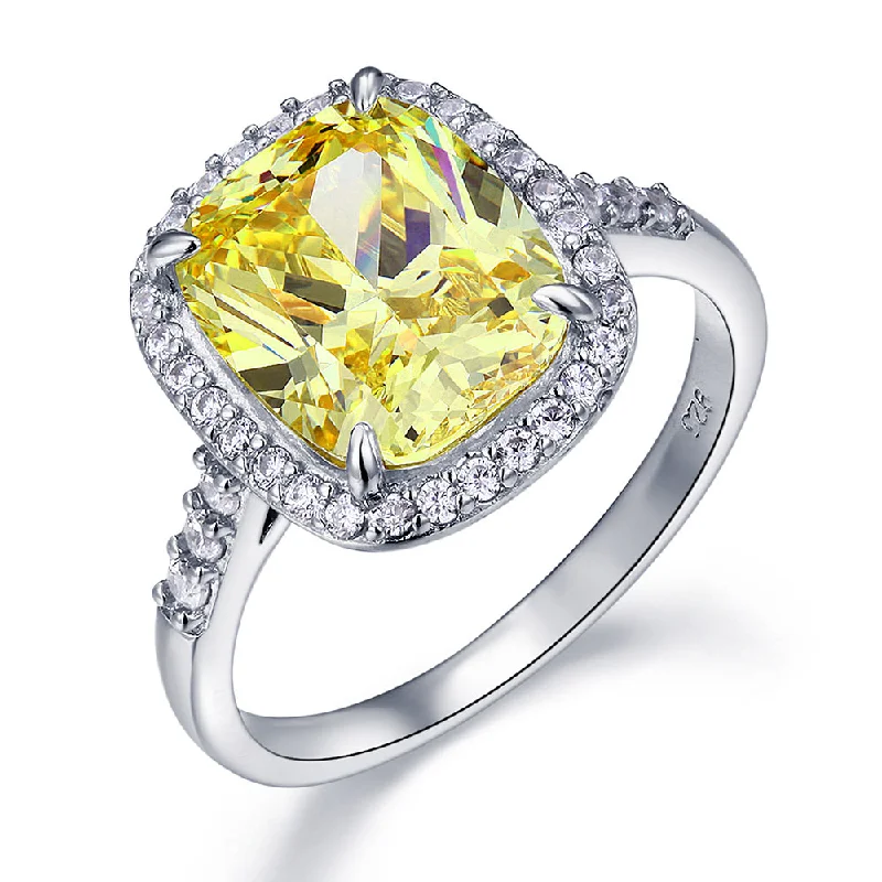 Solid 925 Sterling Silver Luxury Engagement Ring 6 ct Cushion Cut Yellow Canary Created Diamante Jewelry XFR8151