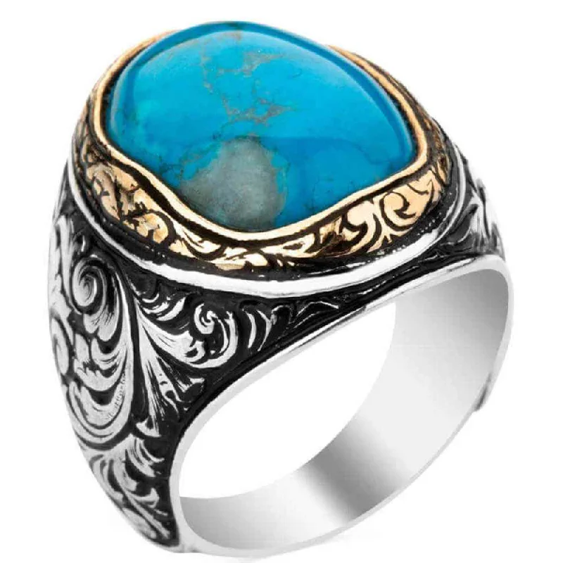 Simple 925 Sterling Silver Luxury Turquoise Stone Mens Ring