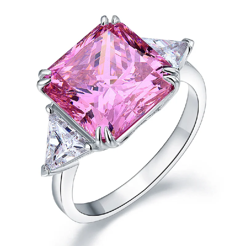 925 Sterling Silver Three-Stone Luxury Ring 8 Carat Fancy Pink Created Diamond XFR8156