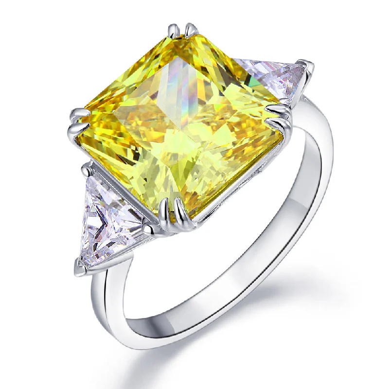 Solid 925 Sterling Silver Three-Stone Luxury Ring 8 Carat Yellow Canary Created Diamond XFR8157