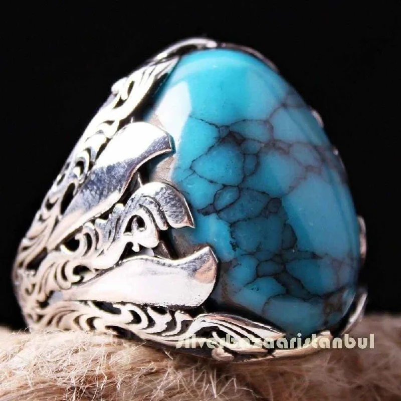 Solid Turquoise Stone Jewelry 925 Sterling Silver Mens Long Ring