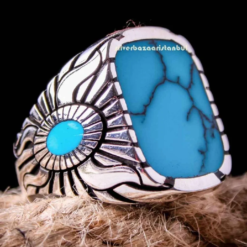 Solid Turquoise Stone Jewelry 925 Sterling Silver Mens Ring