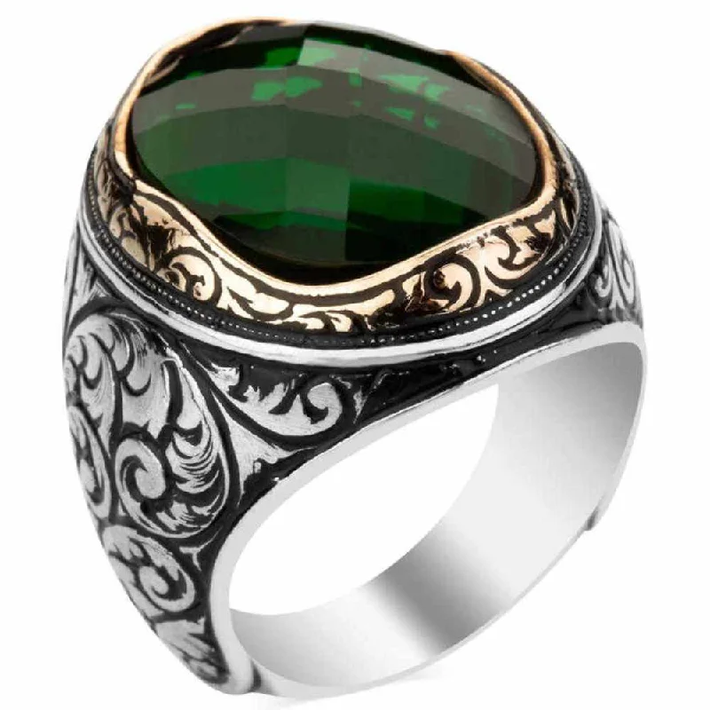 Stylish Emerald Stone 925 Sterling Silver Handmade Mens Ring