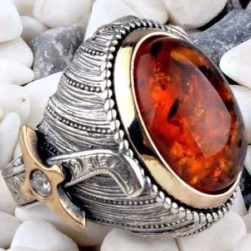 Sword Style 925 Sterling Silver Amber Stone Heavy Mens Ring