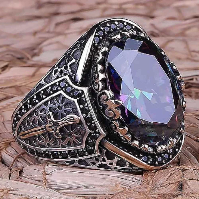 Sword Style Mystic Topaz Handmade 925 Sterling Silver Mens Ring