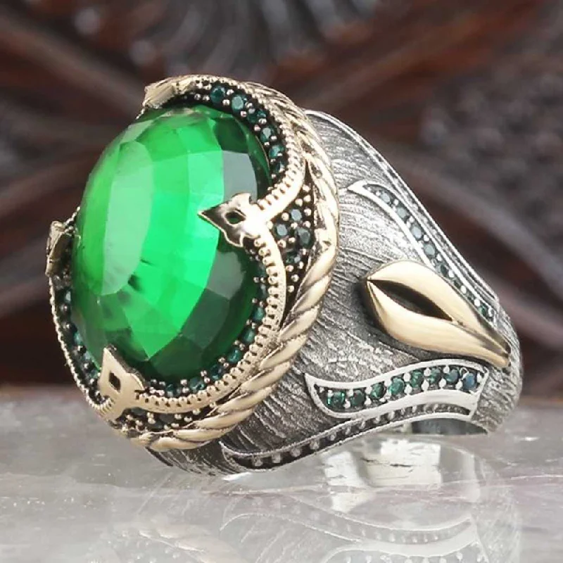 Tulip Design 925 Sterling Silver Emerald Stone Mens Ring