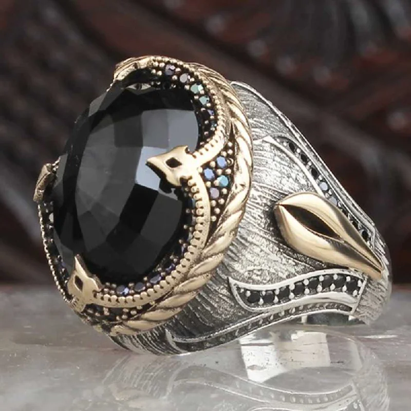 Tulip Design 925 Sterling Silver Onyx Stone Mens Ring