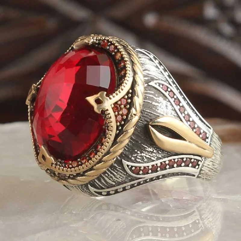 Tulip Design 925 Sterling Silver Ruby Stone Mens Ring