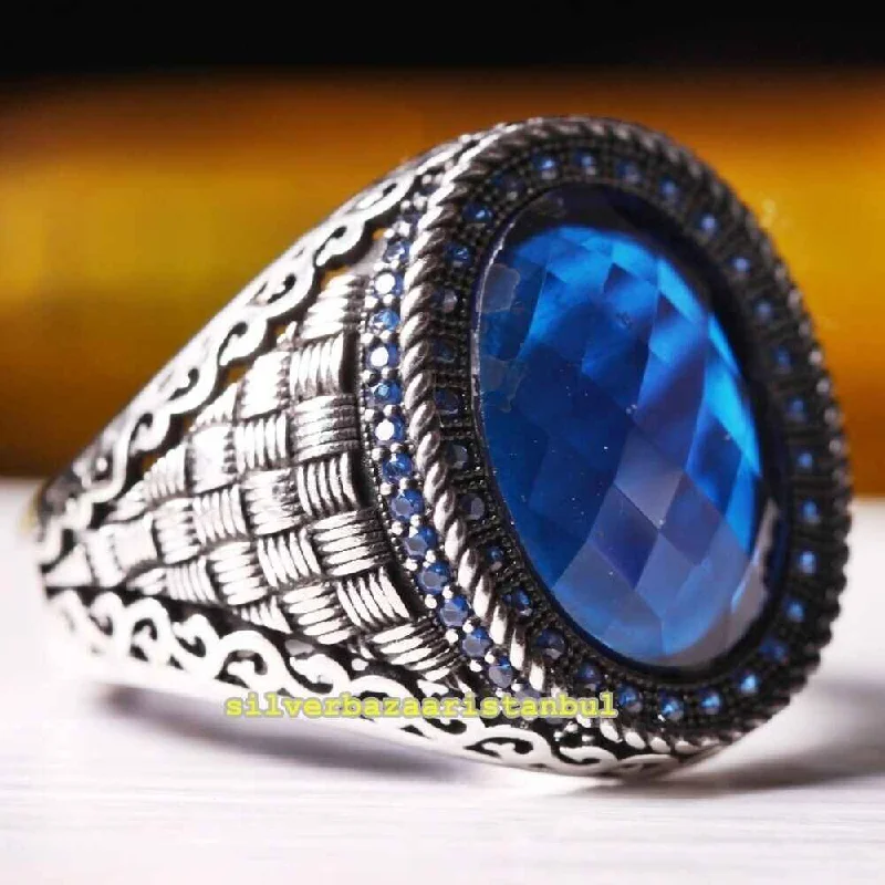 Turkish 925 Sterling Silver Sapphire Multi Stone Ring for Men